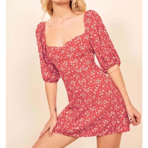 Reformation Kopa Mini Dress Puffed Sleeve Floral Print Red White Size 12 - Picture 2 of 9